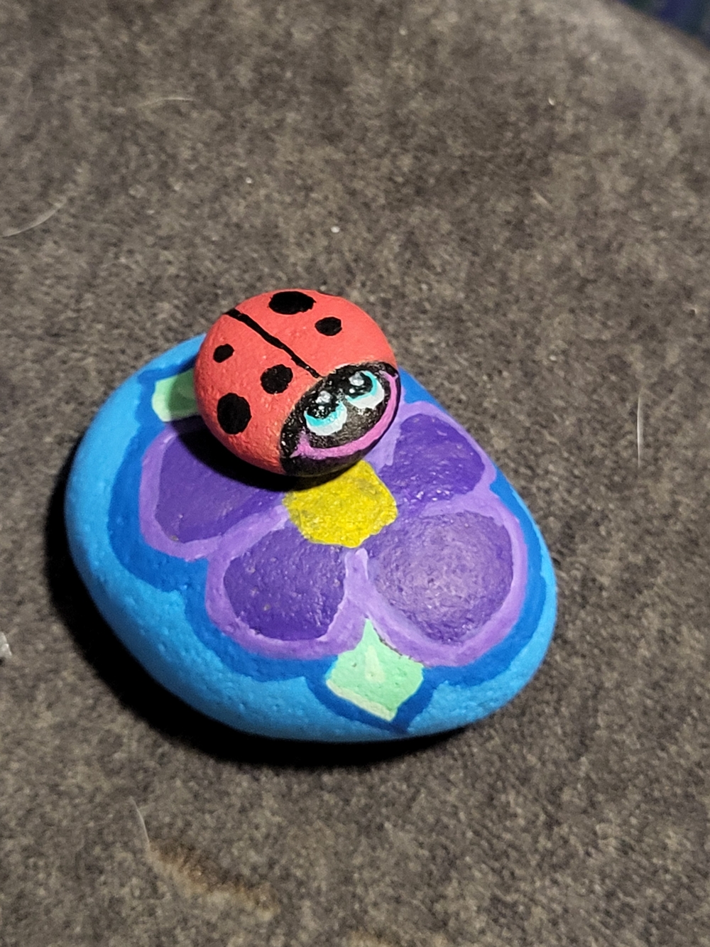 Hand-Painted Blue & Purple Flower Rock with Red Ladybug